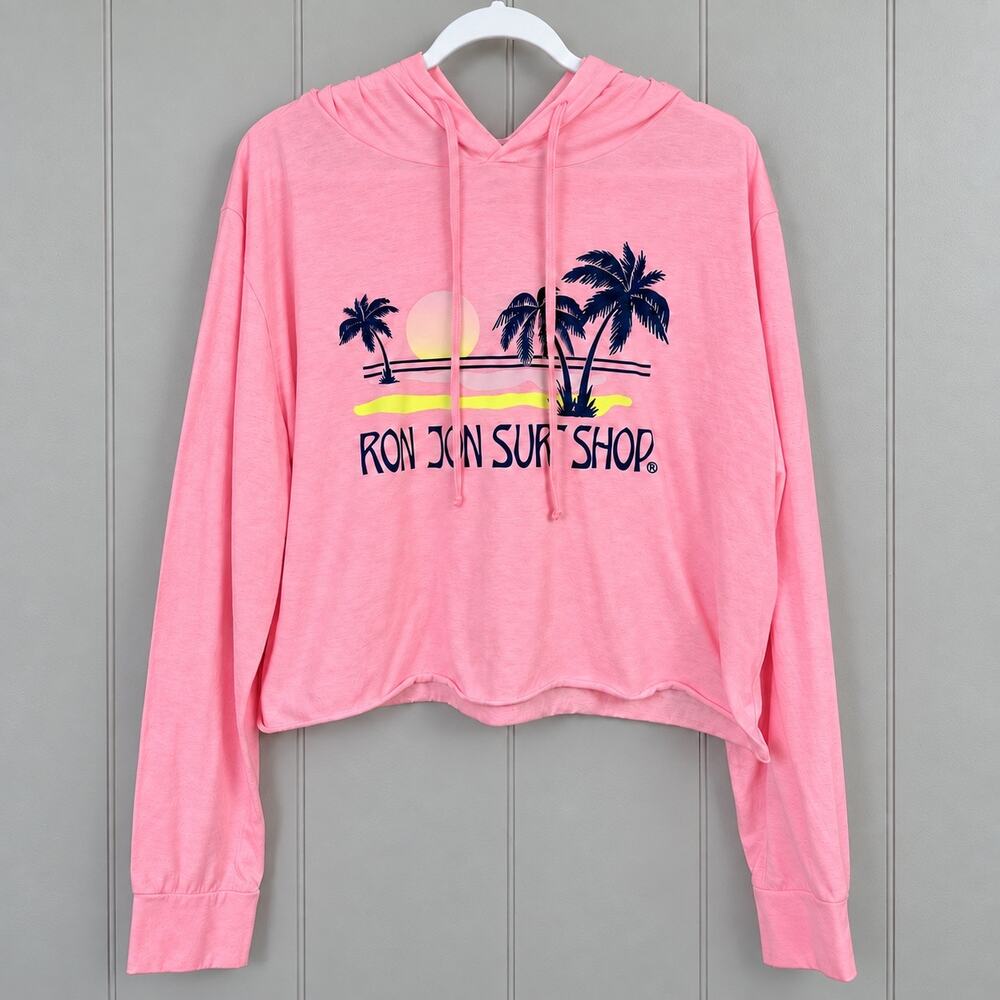 Ron Jon Surf Shop Cropped Hoodie Women’s L Pink Palm Tree Lightweight